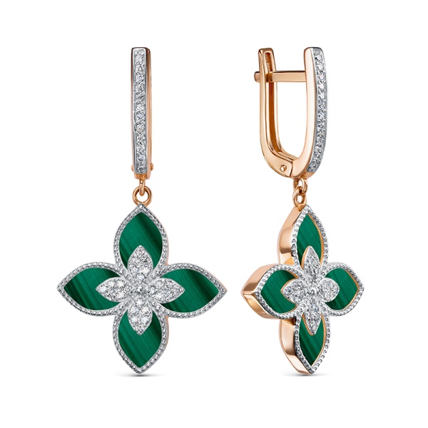 Серьги из красного золота с фианитами и малахитом